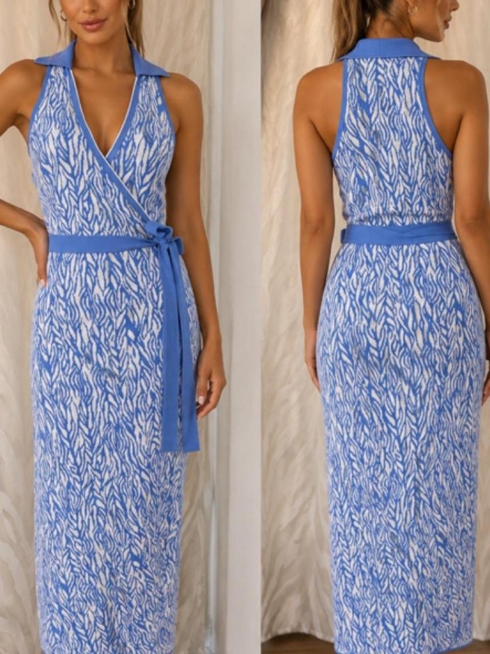 Diane Von Furstenberg Blue and White Sleeveless Wrap Midi Dress Size XS